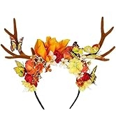 MOSTORY Handmade Orange Antler Flower Headband - Deer Horns Hairband with Autumn Butterfly Woodla...