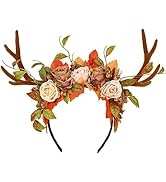 MOSTORY Handmade Orange Antler Flower Crown - Reindeer Horns Floral Headband Autumn Retro Woodlan...