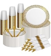 Elegant Gold Plastic Dinnerware Set (350 Pcs) - Includes 50 Dinner Plates, 50 Dessert Plates, 50 ...