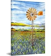 Conipit Texas Canvas Wall Art Bluebonnets Painting Windmill Landscape Pictures Art For Farmhouse ...