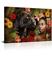 Conipit African American Wall Art Animal Woman Painting Tropical Canvas African Women Animal in J...