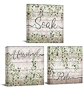 Conipit Sage Green Bathroom Canvas Relax Soak Unwind Sign Wall Art Olive Green Leaves Painting Pr...