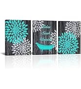 Conipit Dahlia Bathroom Wall Art Teal Blue Dahlia Painting Floral Canvas Relax Soak Unwind Sign F...