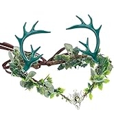 MOSTORY Green Woodland Antler Crown - Handmade Floral Fairy Headpiece Forest Elf Tiara Leaf Elven...