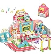 iPlay, iLearn Kids Dollhouse Playset, Girls Pretend Play Doll House School Set W/ Portable Backpa...