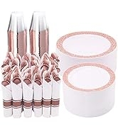 WELLIFE 350 Pieces Rose Gold Plastic Dinnerware, Disposable Rose Gold Lace Plates, Include:50 Din...