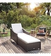 GOLINPEILO Black Poly Rattan Sun Lounger with Cream White Cushion, Slide Armrests, Adjustable Bac...