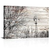 Conipit Farmhouse Wall Art Rustic Windmill Pictures Black White Tree on Rustic Wooden Background ...