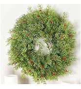 Weather Resistant Cypress Pine with Red Berries Wreath by Factory Direct Craft Fake Greenery Pine...