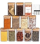 Laramaid 9oz 12Packs Glass Jars Set with 208 Minimalist Spice Labels, Square Spice Jars with Bamb...