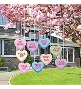 Whaline 18Pcs Valentine's Day Colorful Hearts Lawn Hanging Ornaments Outdoor Conversation Heart S...