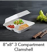 Three Leaf 8" x 8" 3 COMPARTMENT BAGASSE CLAMSHELL, 200 Ct.